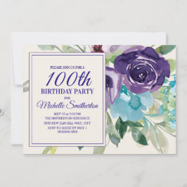 Plum Paars Blue Waterverf Floral 100th Birthday Kaart
