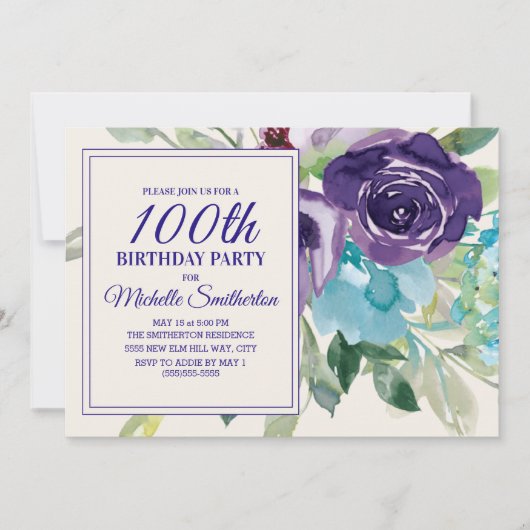 Plum Paars Blue Waterverf Floral 100th Birthday Kaart (Voorkant)