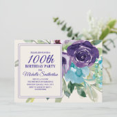 Plum Paars Blue Waterverf Floral 100th Birthday Kaart (Staand voorkant)