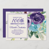 Plum Paars Blue Waterverf Floral 100th Birthday Kaart (Voorkant / Achterkant)