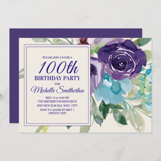 Plum Paars Blue Waterverf Floral 100th Birthday Kaart (Voorkant / Achterkant)