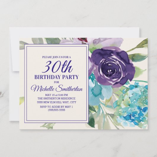 Plum Paars Blue Waterverf Floral 30th Birthday Kaart (Voorkant)