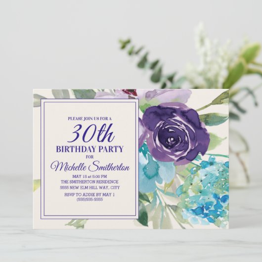 Plum Paars Blue Waterverf Floral 30th Birthday Kaart (Staand voorkant)