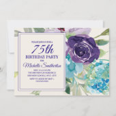 Plum Paars Blue Waterverf Floral 75th Birthday Kaart (Voorkant)