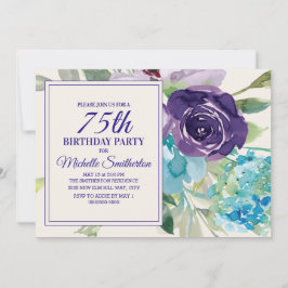 Plum Paars Blue Waterverf Floral 75th Birthday Kaart