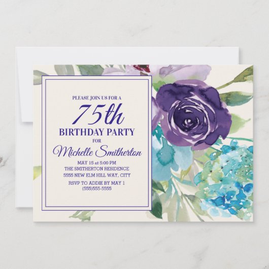 Plum Paars Blue Waterverf Floral 75th Birthday Kaart (Voorkant)