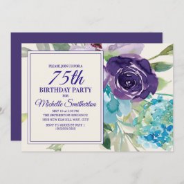 Plum Paars Blue Waterverf Floral 75th Birthday Kaart