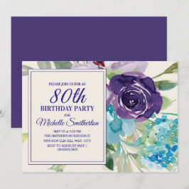 Plum Paars Blue Waterverf Floral 80th Birthday Kaart