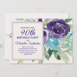 Plum Paars Blue Waterverf Floral 90th Birthday Kaart