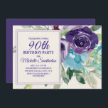 Plum Paars Blue Waterverf Floral 90th Birthday Kaart<br><div class="desc">Elegant botanisch plum paars en blauw waterverf floreel op ivoorcrème op uitnodiging van het 90ste verjaardagsfeest. Tekst,  lettertype,  tekengrootte en kleur zijn volledig aanpasbaar,  zodat deze kaart volledig aan uw behoeften kan worden aangepast. Neem contact met ons op voor hulp bij het aanpassen of aanpassen van producten.</div>