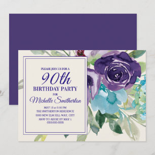 Plum Paars Blue Waterverf Floral 90th Birthday Kaart