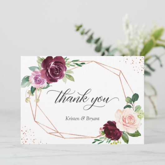 Plum Paars Blush Floral Modern Geometric Wedding Bedankkaart (Staand voorkant)