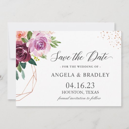 Plum Paars Blush Floral Modern Roos Gold Wedding Save The Date (Voorkant)
