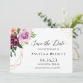 Plum Paars Blush Floral Modern Roos Gold Wedding Save The Date (Staand voorkant)