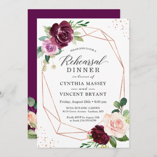 Plum Paars Blush Floral Moderne repesal Dinner Kaart (Voorkant / Achterkant)