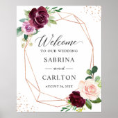 Plum Paars Blush Floral Roos Gold Wedding Sign Poster (Voorkant)