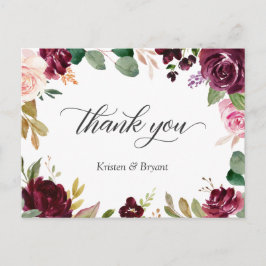 Plum Paars Blush Floral Wedding Dank je Briefkaart