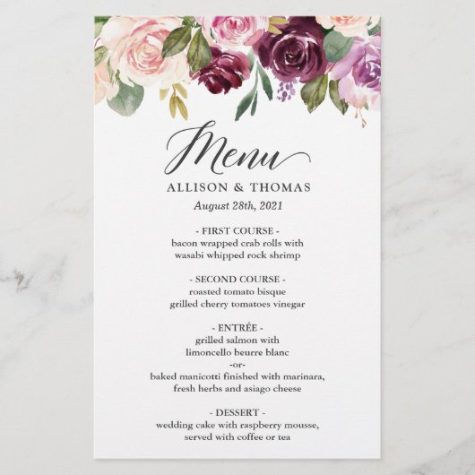 Plum Paars Blush Floral Wedding Dinner Menu (Voorkant)