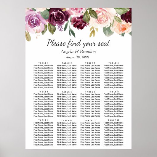 Plum Paars Blush Floral Wedding Seating Chart Poster (Voorkant)
