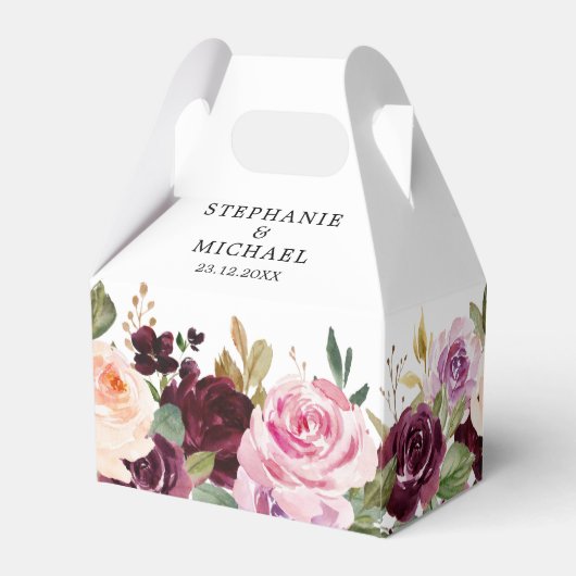 Plum Paars Blush Pink Botanical Floral Wedding Bedankdoosjes (Achterkant)