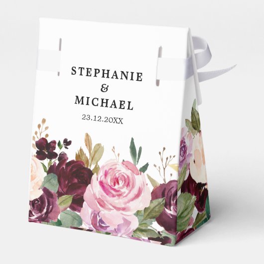 Plum Paars Blush Pink Botanical Floral Wedding Bedankdoosjes (Achterkant)