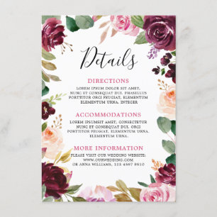 Plum Paars Blush Pink Botanical Floral Wedding Informatiekaartje