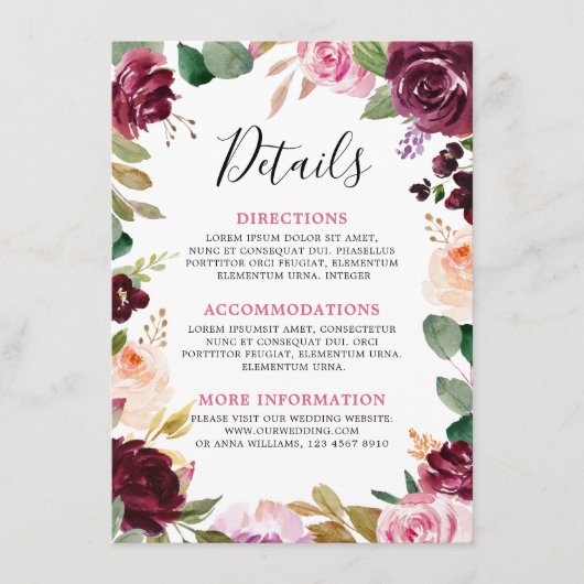 Plum Paars Blush Pink Botanical Floral Wedding Informatiekaartje (Voorkant)