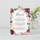 Plum Paars Blush Pink Botanical Floral Wedding Informatiekaartje (Staand voorkant)