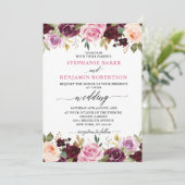 Plum Paars Blush Pink Botanical Floral Wedding Kaart (Staand voorkant)