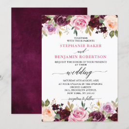 Plum Paars Blush Pink Botanical Floral Wedding Kaart