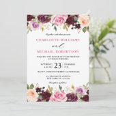 Plum Paars Blush Pink Botanical Floral Wedding Kaart (Staand voorkant)