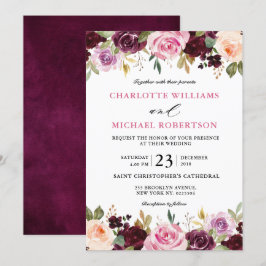 Plum Paars Blush Pink Botanical Floral Wedding Kaart