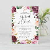 Plum Paars Blush Pink Botanical Floral Wedding Kaart (Staand voorkant)