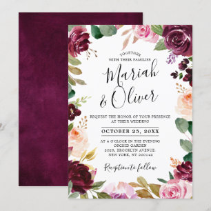 Plum Paars Blush Pink Botanical Floral Wedding Kaart