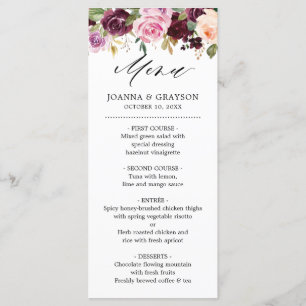 Plum Paars Blush Pink Botanical Floral Wedding Menu