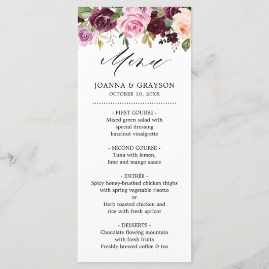 Plum Paars Blush Pink Botanical Floral Wedding Menu (Voorkant)