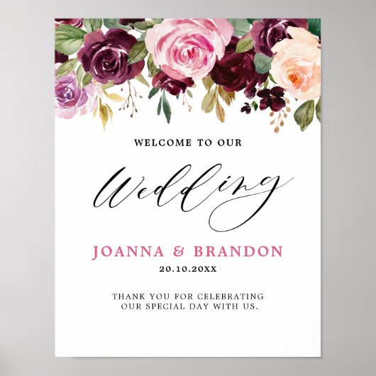 Plum Paars Blush Pink Botanical Floral Wedding Poster (Voorkant)