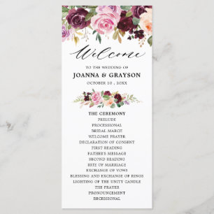 Plum Paars Blush Pink Botanical Floral Wedding Programmakaart