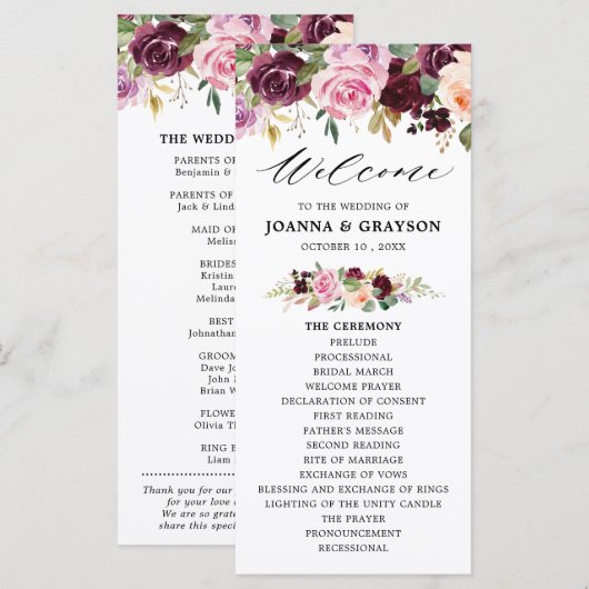 Plum Paars Blush Pink Botanical Floral Wedding Programmakaart (Voorkant / Achterkant)