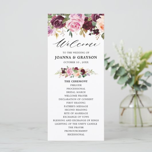 Plum Paars Blush Pink Botanical Floral Wedding Programmakaart (Staand voorkant)