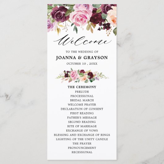 Plum Paars Blush Pink Botanical Floral Wedding Programmakaart (Voorkant)