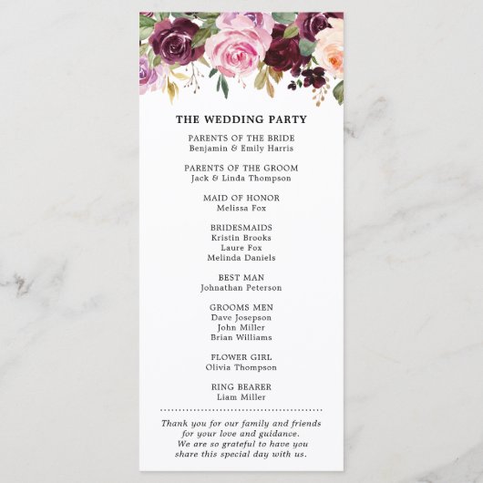 Plum Paars Blush Pink Botanical Floral Wedding Programmakaart (Achterkant)