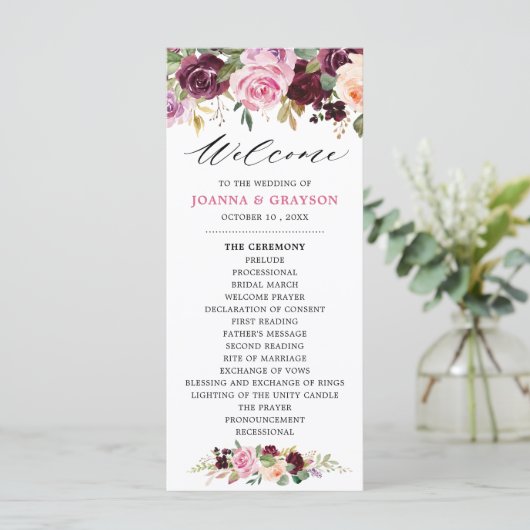 Plum Paars Blush Pink Botanical Floral Wedding Programmakaart (Staand voorkant)