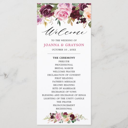 Plum Paars Blush Pink Botanical Floral Wedding Programmakaart (Voorkant)