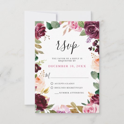 Plum Paars Blush Pink Botanical Floral Wedding RSVP Kaartje (Voorkant)
