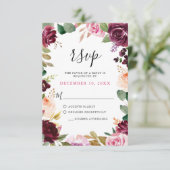 Plum Paars Blush Pink Botanical Floral Wedding RSVP Kaartje (Staand voorkant)
