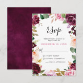 Plum Paars Blush Pink Botanical Floral Wedding RSVP Kaartje (Voorkant / Achterkant)