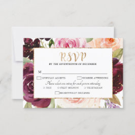 Plum Paars Blush Pink Botanical Floral Wedding RSVP Kaartje