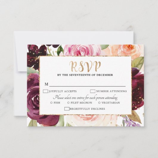 Plum Paars Blush Pink Botanical Floral Wedding RSVP Kaartje (Voorkant)