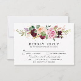 Plum Paars Blush Pink Botanical Floral Wedding RSVP Kaartje